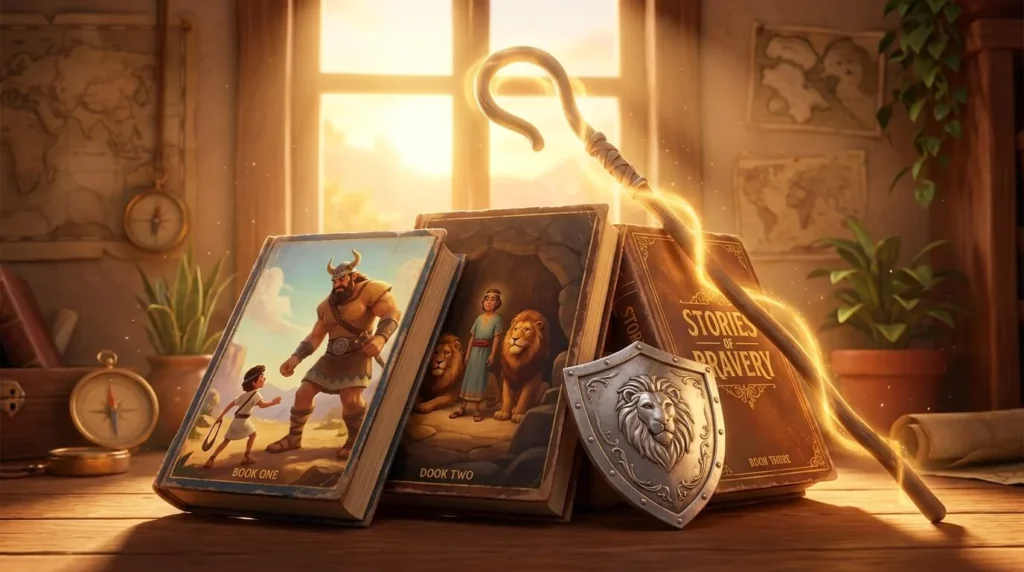 A cinematic 3D Pixar-style illustration of the Bible Heroes for Kids book collection, featuring stories of David and Goliath and Daniel in the Lion's Den, leaning against a silver lion shield and a glowing shepherd's staff.