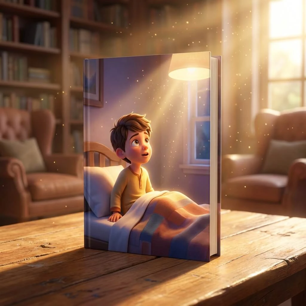 A cinematic 3D Pixar-style children's Bible book showing the young boy Samuel sitting up in bed listening for God's voice.
