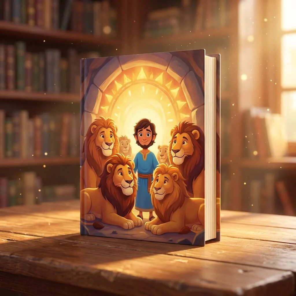 3D standing book cover of Daniel in the Lions' Den with golden library lighting