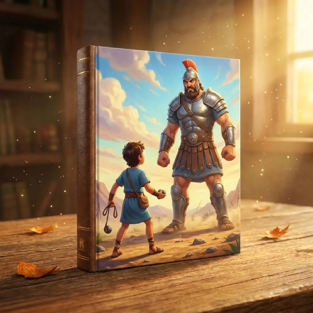 3D standing book cover of David and Goliath in a sunlit library