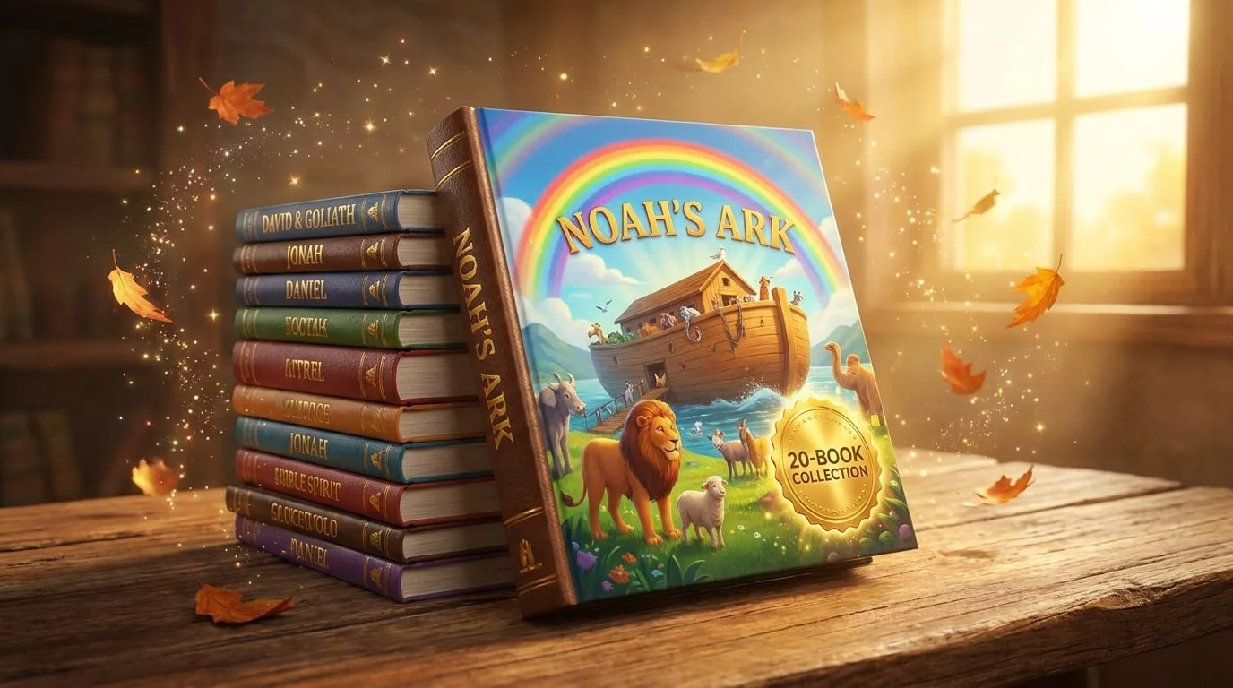 A cinematic 3D Pixar-style illustration of the Epic Bible Adventures 20-book series collection, featuring a vibrant Noah's Ark cover and a stack of colorful children's Bible stories on a sunlit wooden table.