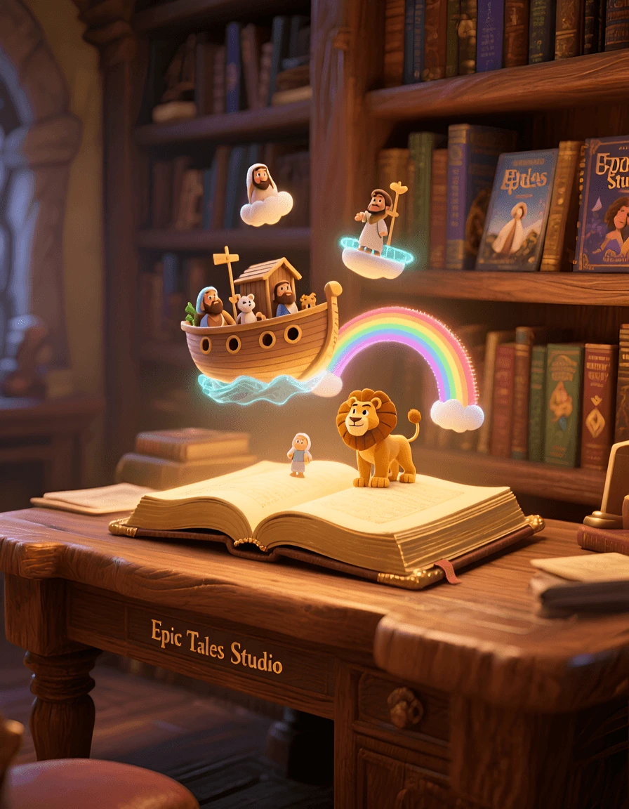A magical 3D scene of an open Bible with Noah's Ark and a lion at Epic Faith Studio