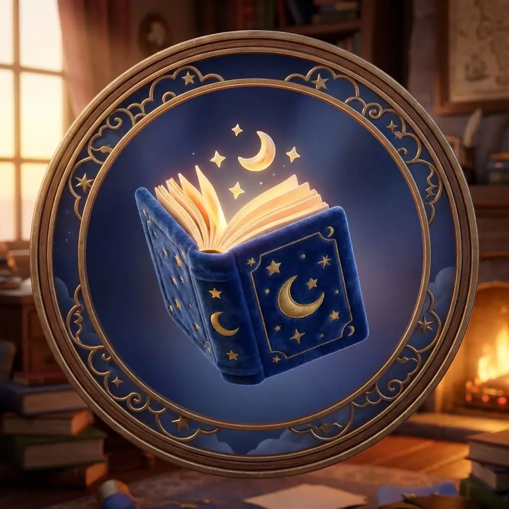 A 3D stylized circular icon of a navy blue velvet storybook with gold crescent moons and stars, glowing with warm light in a cozy room setting.