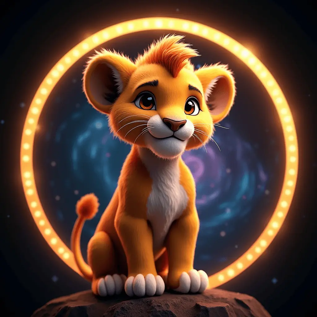A 3D stylized circular icon of a cute, brave lion cub sitting on a rock in front of a glowing golden ring and a swirling galaxy background.