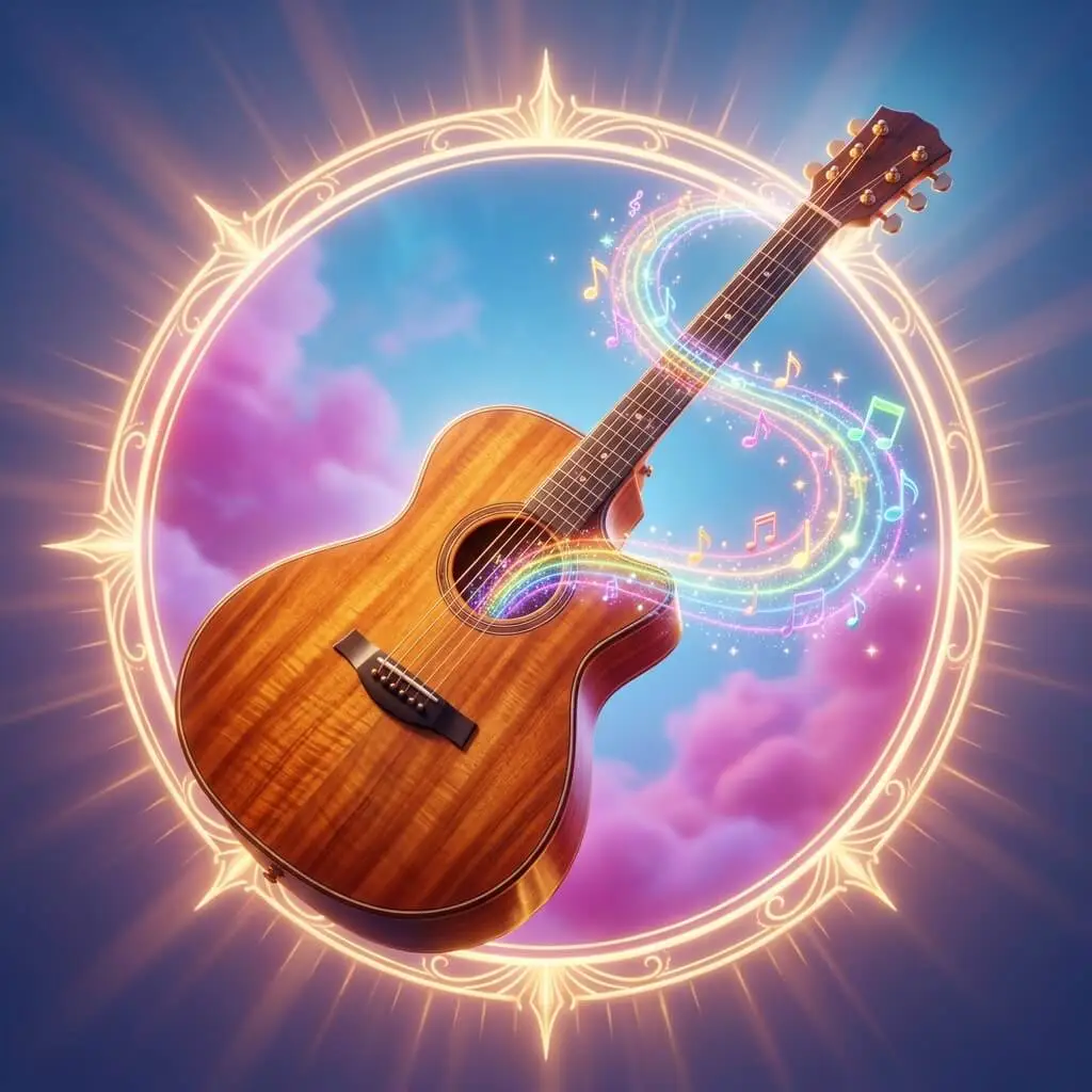 A 3D stylized circular icon of an acoustic guitar with a magical rainbow of musical notes flowing from it against a pink and blue cloud background.