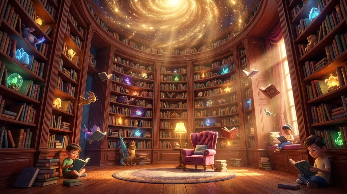 A magical 3D Pixar-style circular library with children reading on the floor, floating books, and a swirling golden galaxy ceiling with sunlight streaming through.