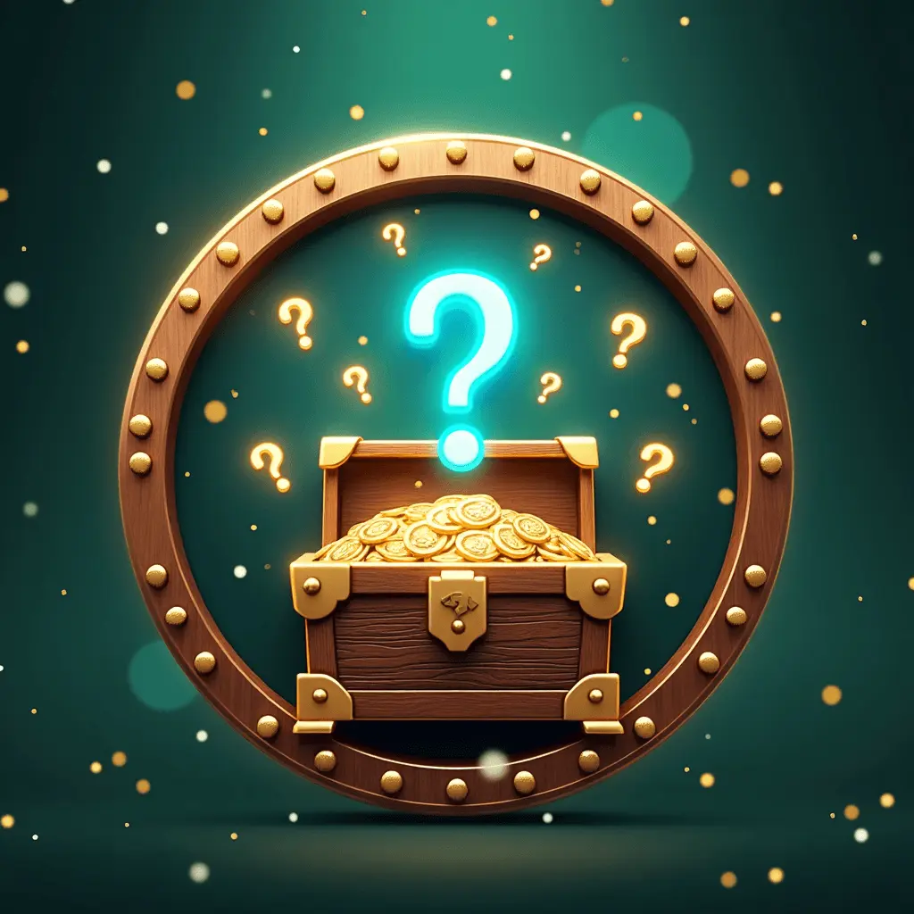 A stylized 3D circular token of an antique wooden treasure chest, opening to reveal a gigantic, glowing golden question mark with swirling blue and gold sparkles.