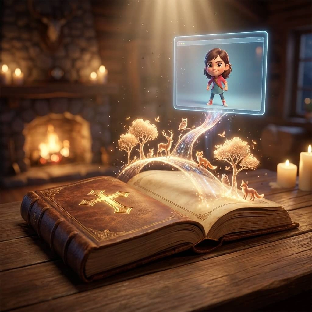 An open Bible on a rustic table with a golden cross on the cover. A glowing arch of light with miniature trees and animals flows from the pages, connecting to a translucent digital screen displaying an animated young girl. A cozy fireplace and candles provide warm background lighting.