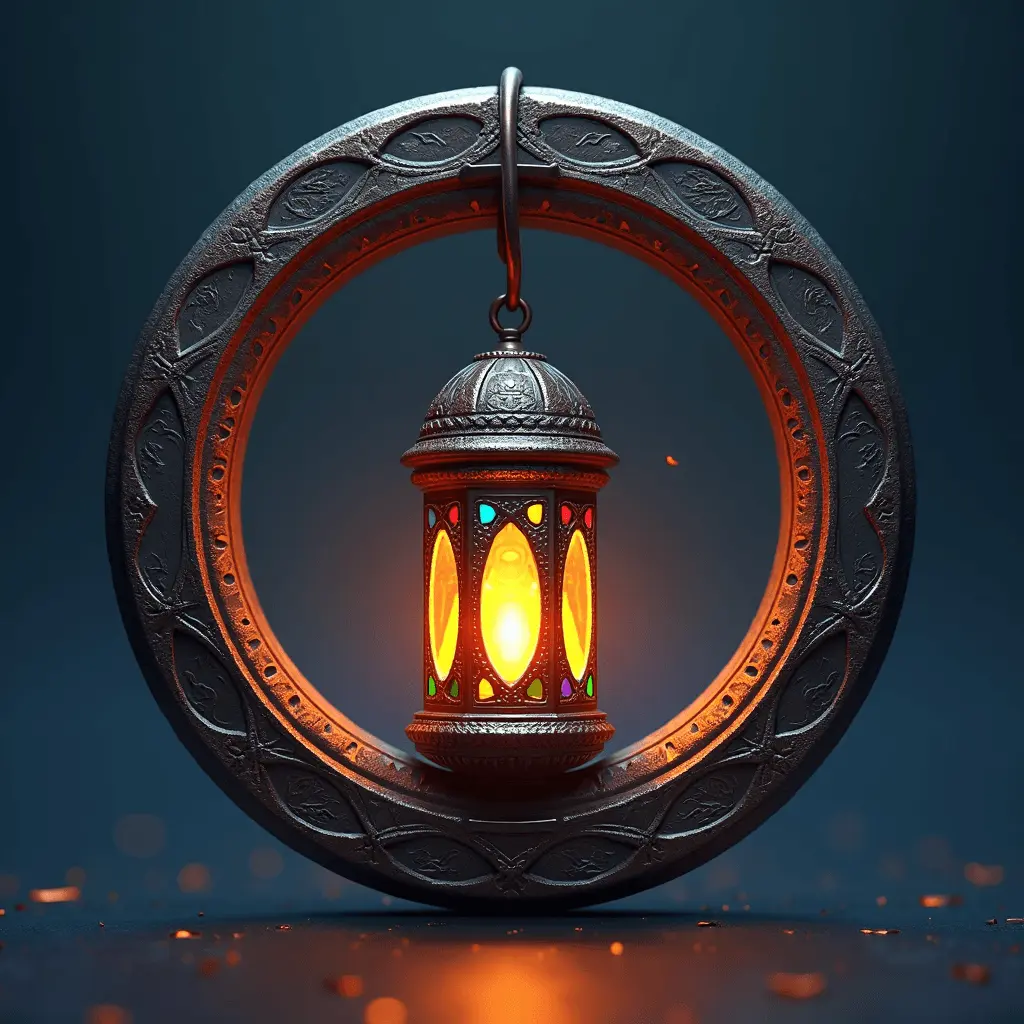 A detailed 3D circular token of an intricate lantern with glowing twilight blue glass panels, set against a dark blue and gold swirling galaxy background.