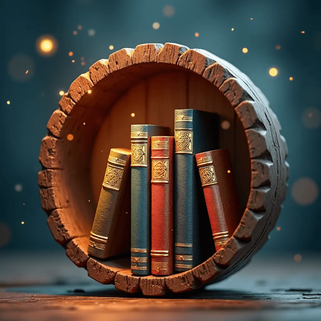 A 3D stylized circular token showing a miniature lion cub reading an open book in front of a large golden 'O' ring filled with diverse, colorful books against a swirling blue galaxy background.