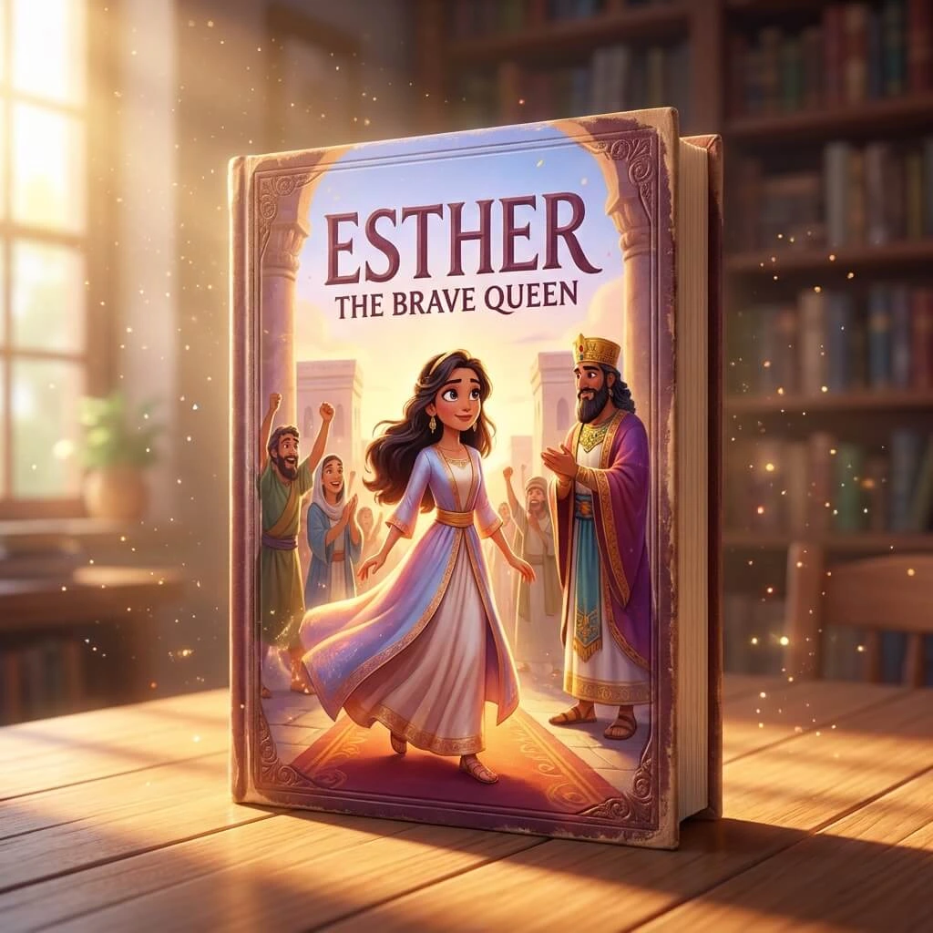 A cinematic 3D Pixar-style children's Bible book showing Esther the Brave Queen with a crown and robes.