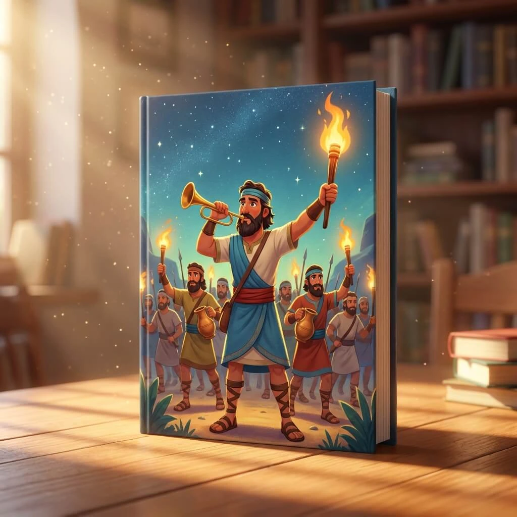 A cinematic 3D Pixar-style children's Bible book showing Gideon with a torch leading the 300 soldiers at night.