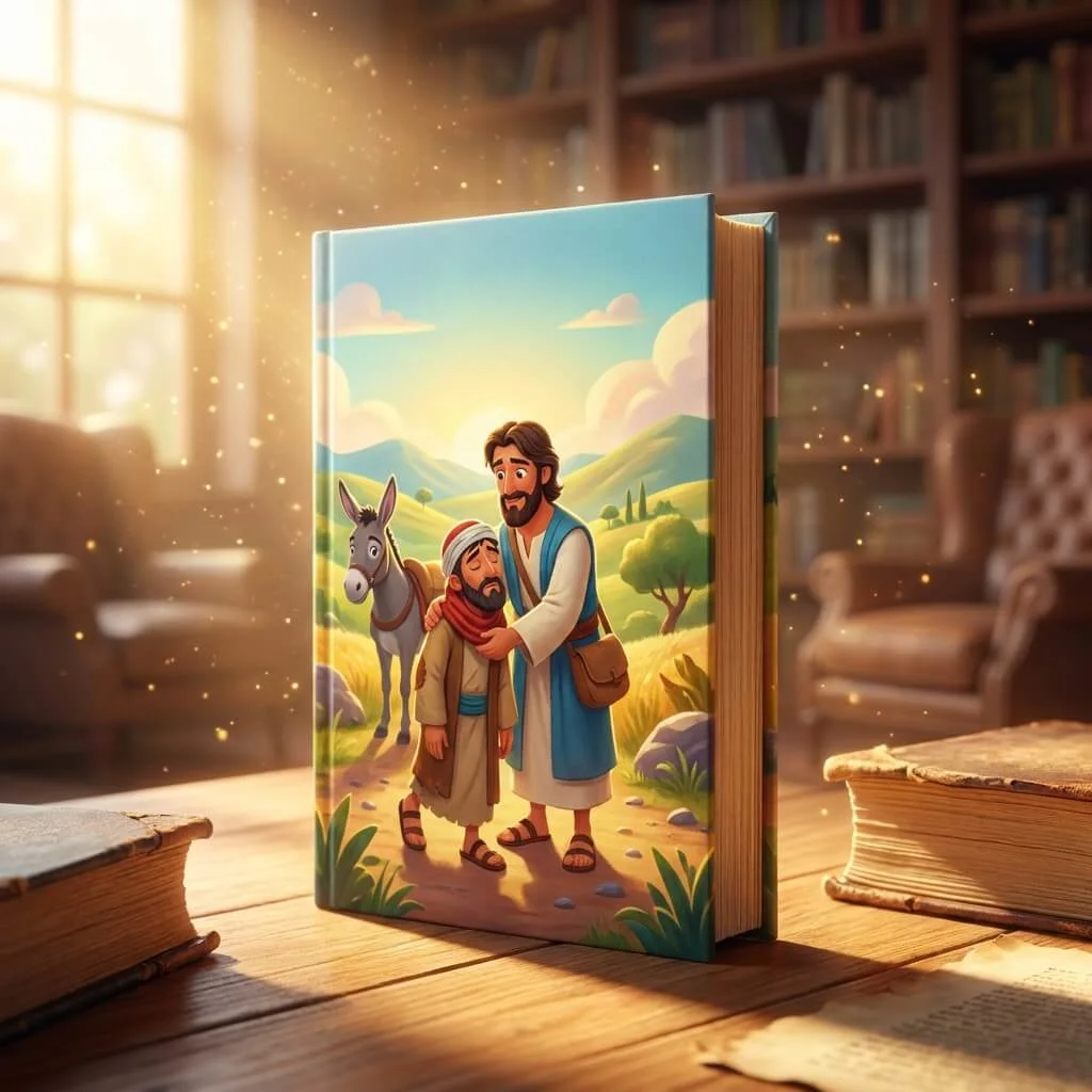 3D standing book cover of The Good Samaritan on a sunlit library table