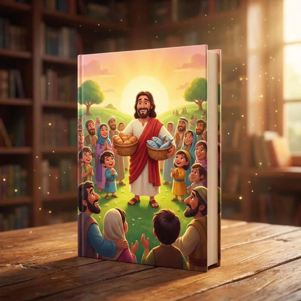3D Pixar-style children's Bible book showing Jesus holding baskets of bread and fish for a crowd.