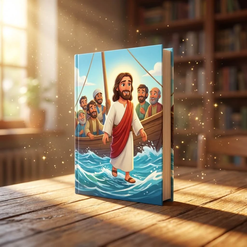 A cinematic 3D Pixar-style children's Bible book featuring Jesus walking peacefully on stormy waves toward a boat.