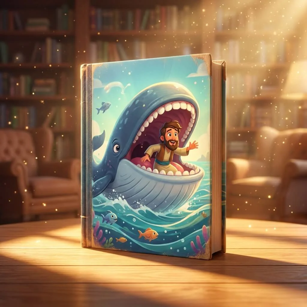 3D standing book cover of Jonah and the Big Whale featuring a friendly whale and ocean waves