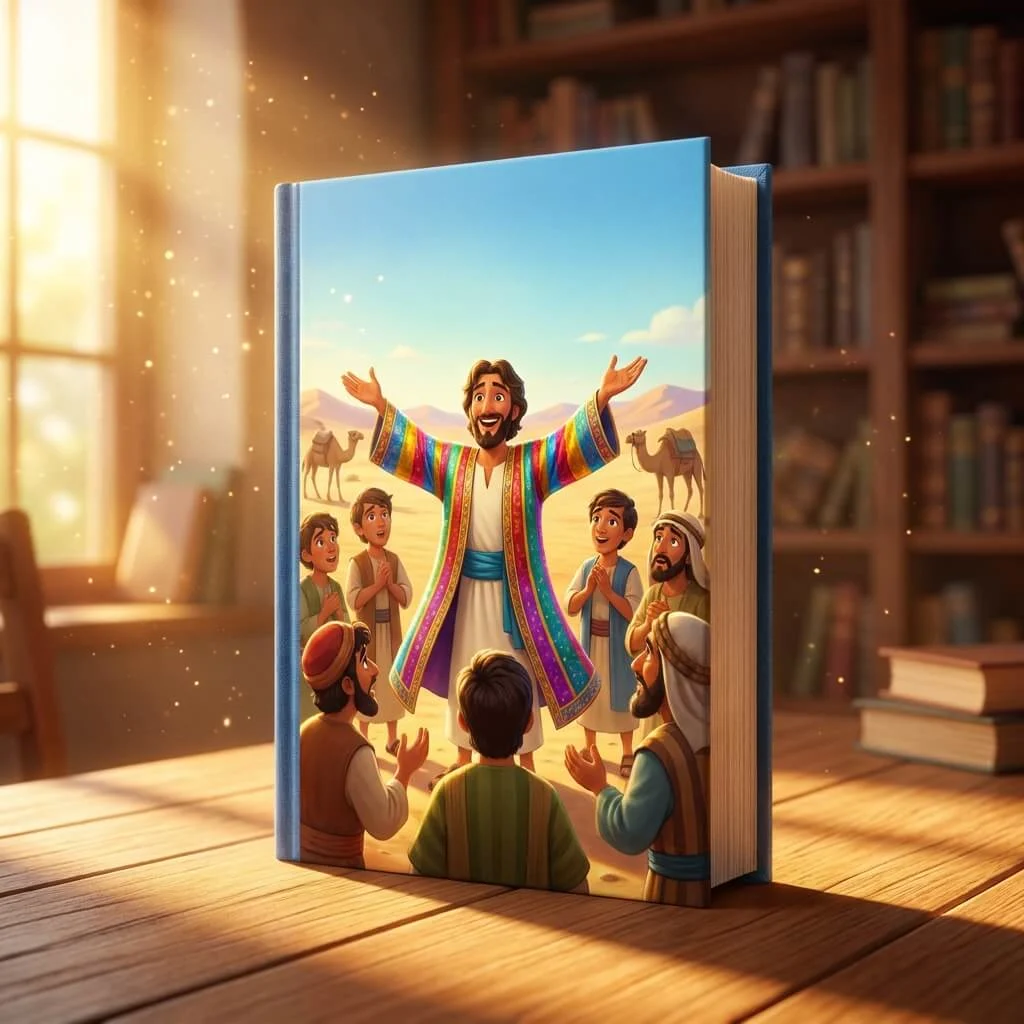 3D Pixar-style children's Bible book showing Joseph wearing his vibrant coat of many colors.