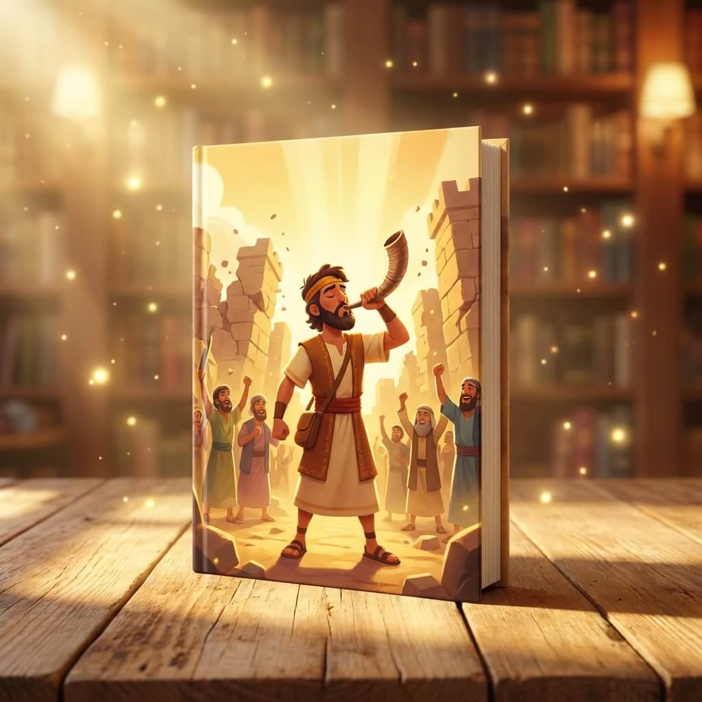 A cinematic 3D Pixar-style children's Bible book showing Joshua with a ram's horn trumpet as the walls of Jericho crumble.