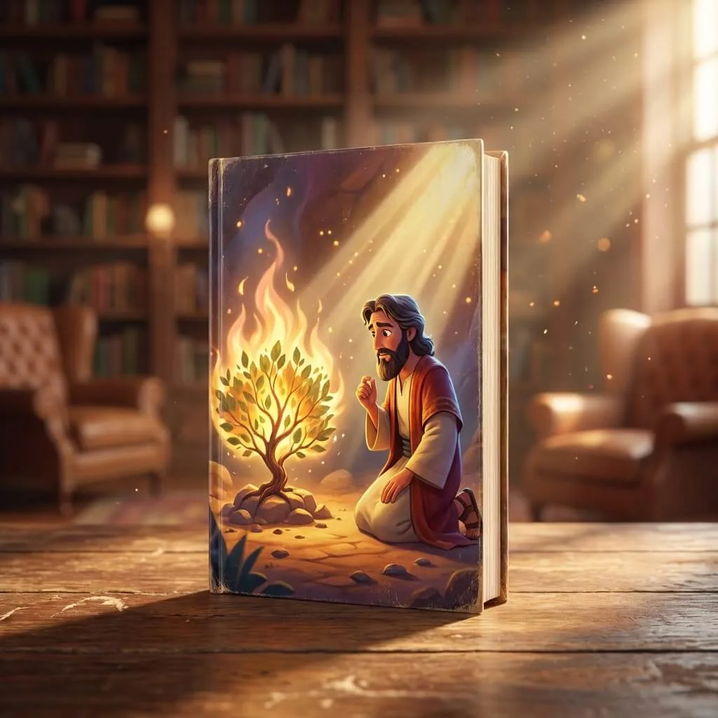 3D Pixar-style children's Bible book featuring Moses kneeling before a glowing, magical burning bush