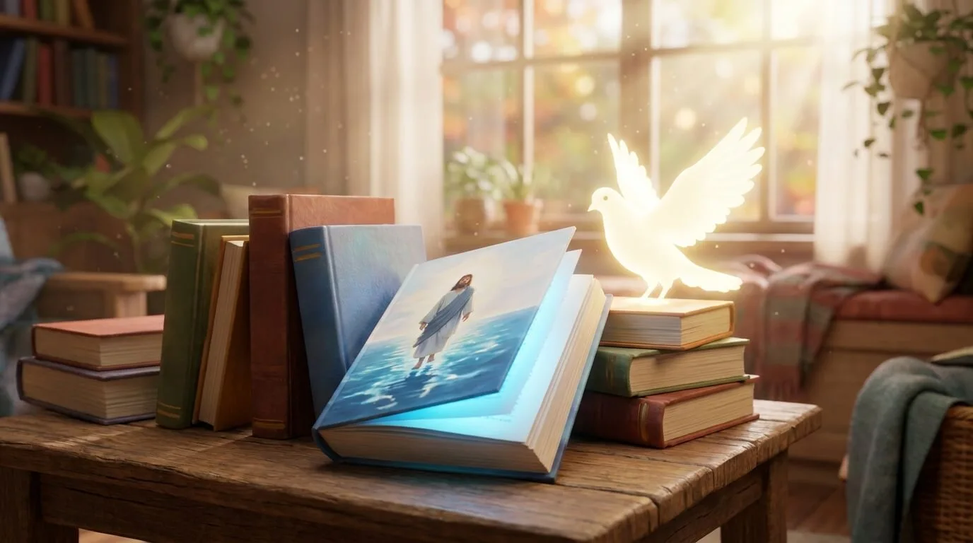 A cinematic 3D Pixar-style illustration of the New Testament Wonders book collection, featuring a glowing open book of Jesus walking on water and a magical shimmering white dove on a sunlit wooden table.