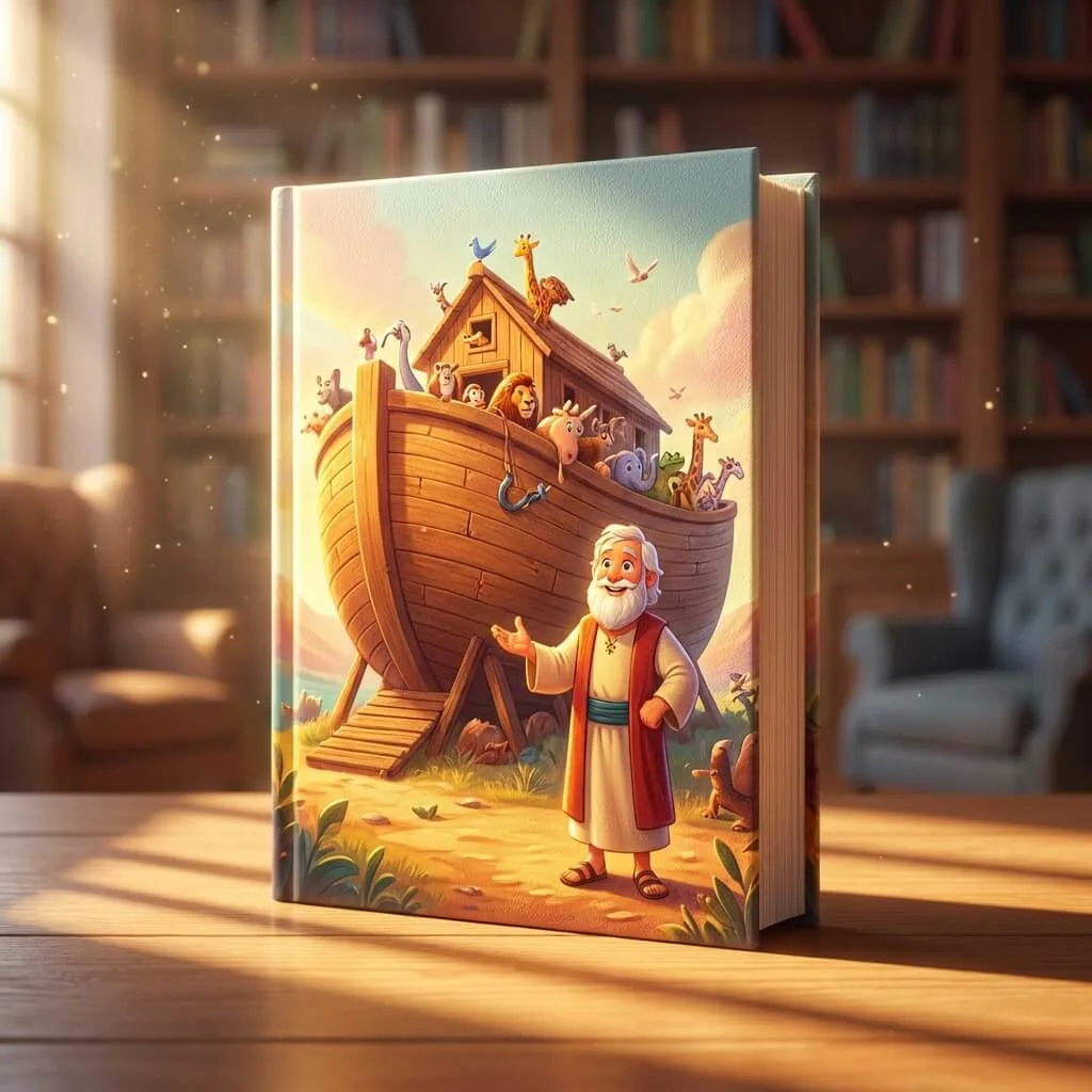 3D standing book cover of Noah and the Big Ark in a sunlit library
