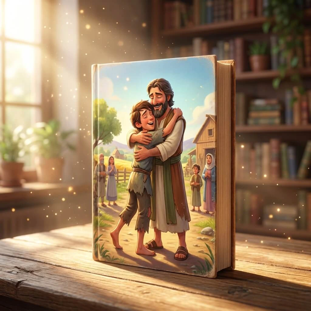 A cinematic 3D Pixar-style children's Bible book showing a heartwarming scene of a father hugging his returning prodigal son.