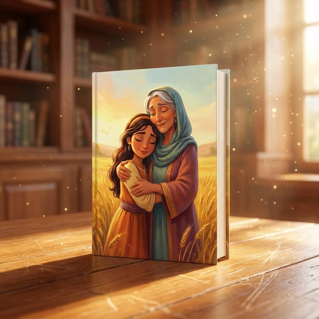 A cinematic 3D Pixar-style children's Bible book depicting the friendship and loyalty of Ruth and Naomi walking together in the fields.