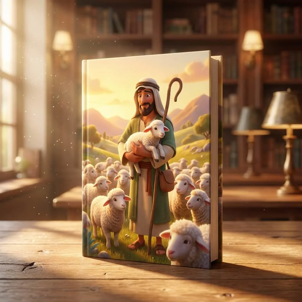 3D Pixar-style children's Bible book showing a kind shepherd holding a small white lost sheep.