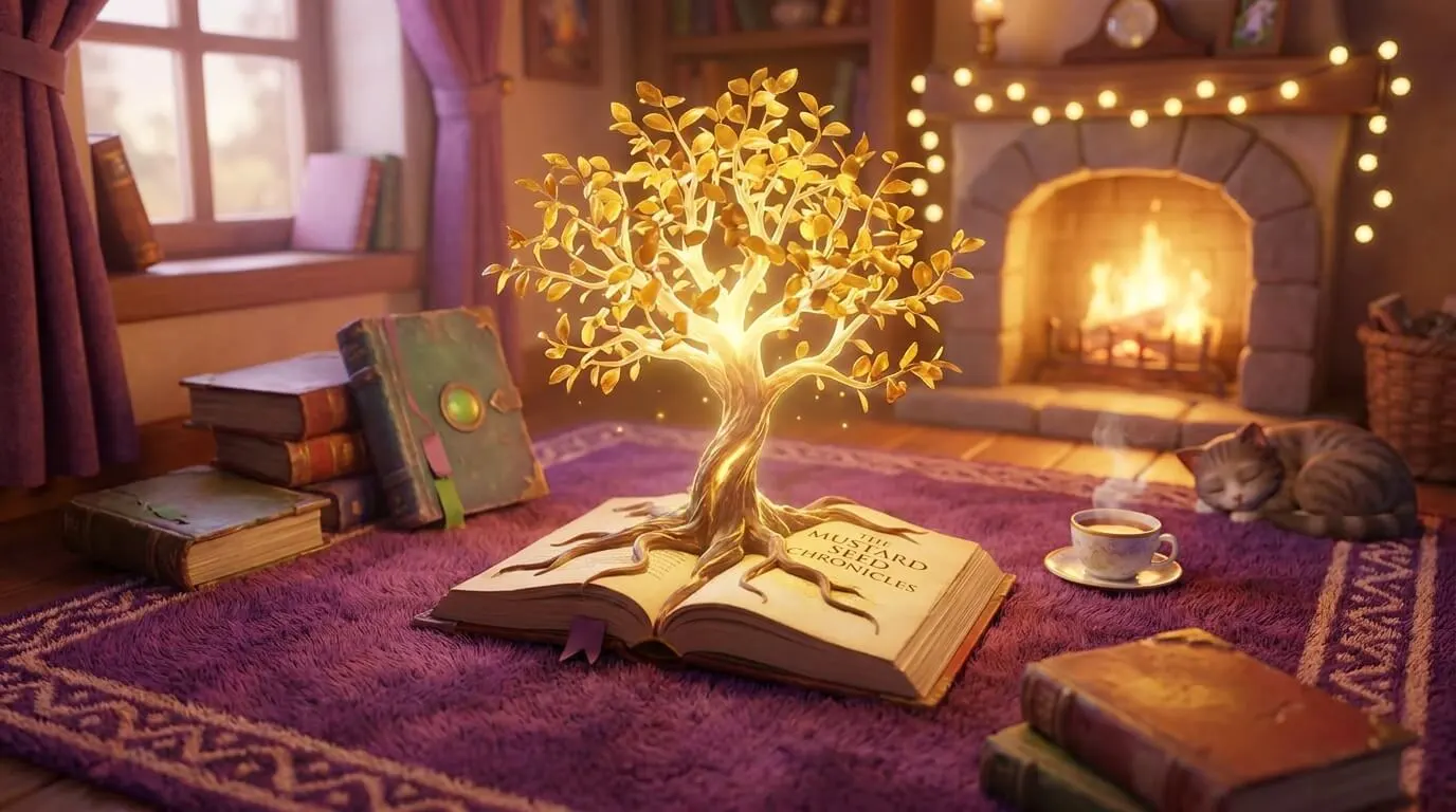 A magical 3D Pixar-style illustration of the Timeless Parables book collection, featuring a glowing mustard seed tree growing out of an open book in a cozy library with a fireplace and a sleeping cat.