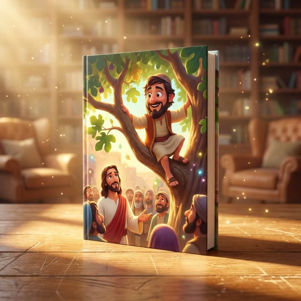 A cinematic 3D Pixar-style children's Bible book featuring Zacchaeus the Tax Collector climbing a sycamore-fig tree to see Jesus.