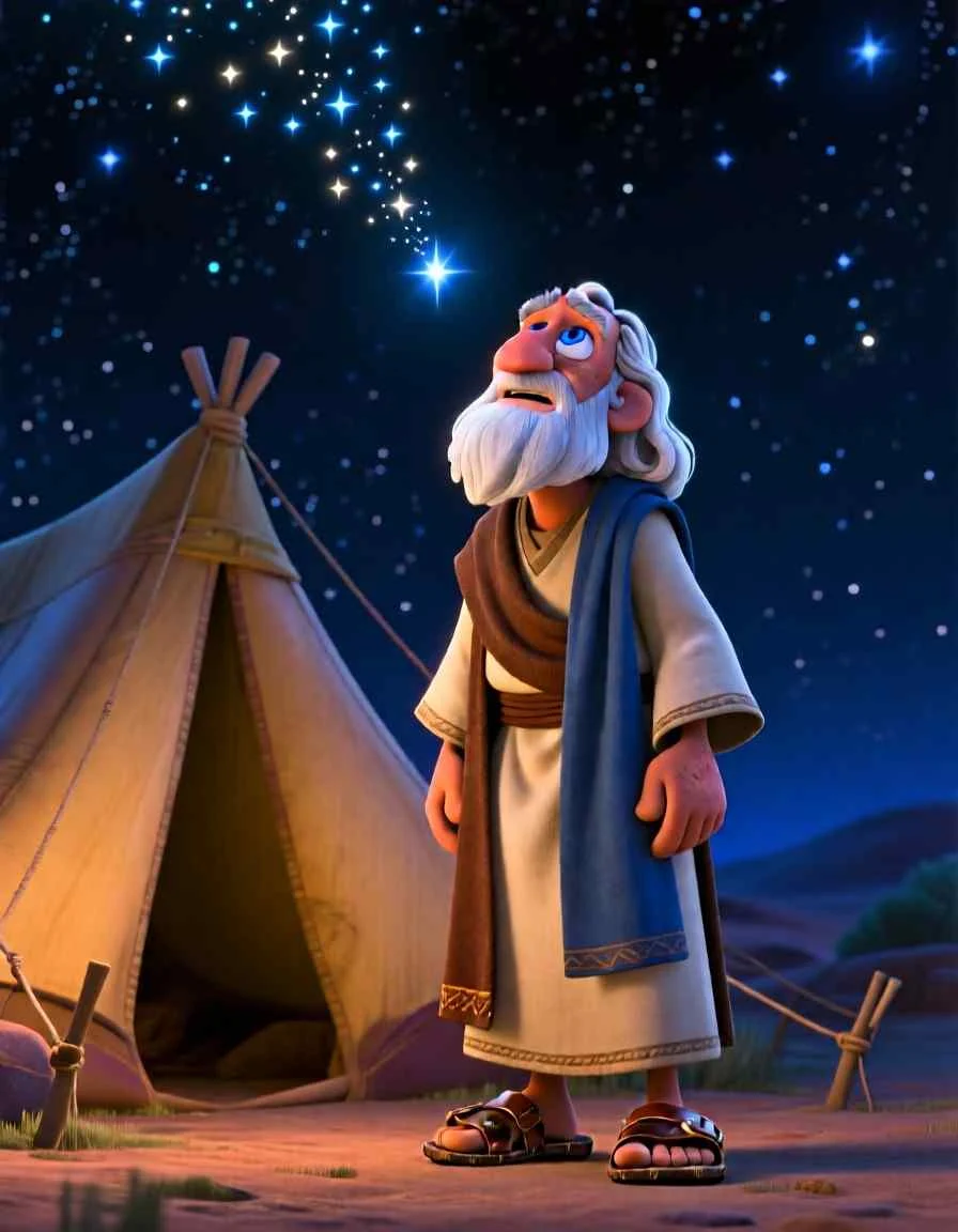 Cinematic 3D scene of Abraham looking up in awe at a dark night sky filled with countless sparkling stars.