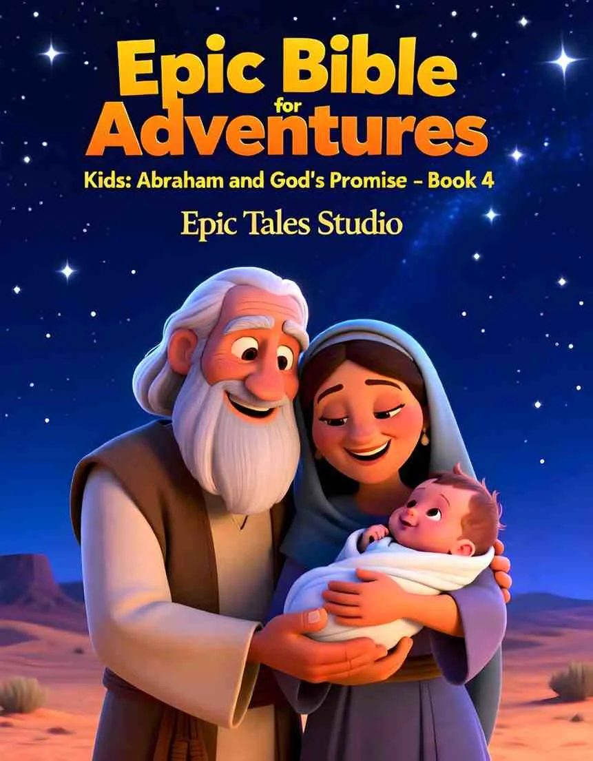 Front cover of Abraham and God's Promise children's book featuring cinematic 3D art of Abraham and a baby.