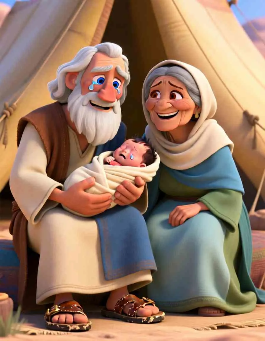 Heartwarming 3D illustration of Abraham and Sarah happily holding their baby son, Isaac, in their tent.