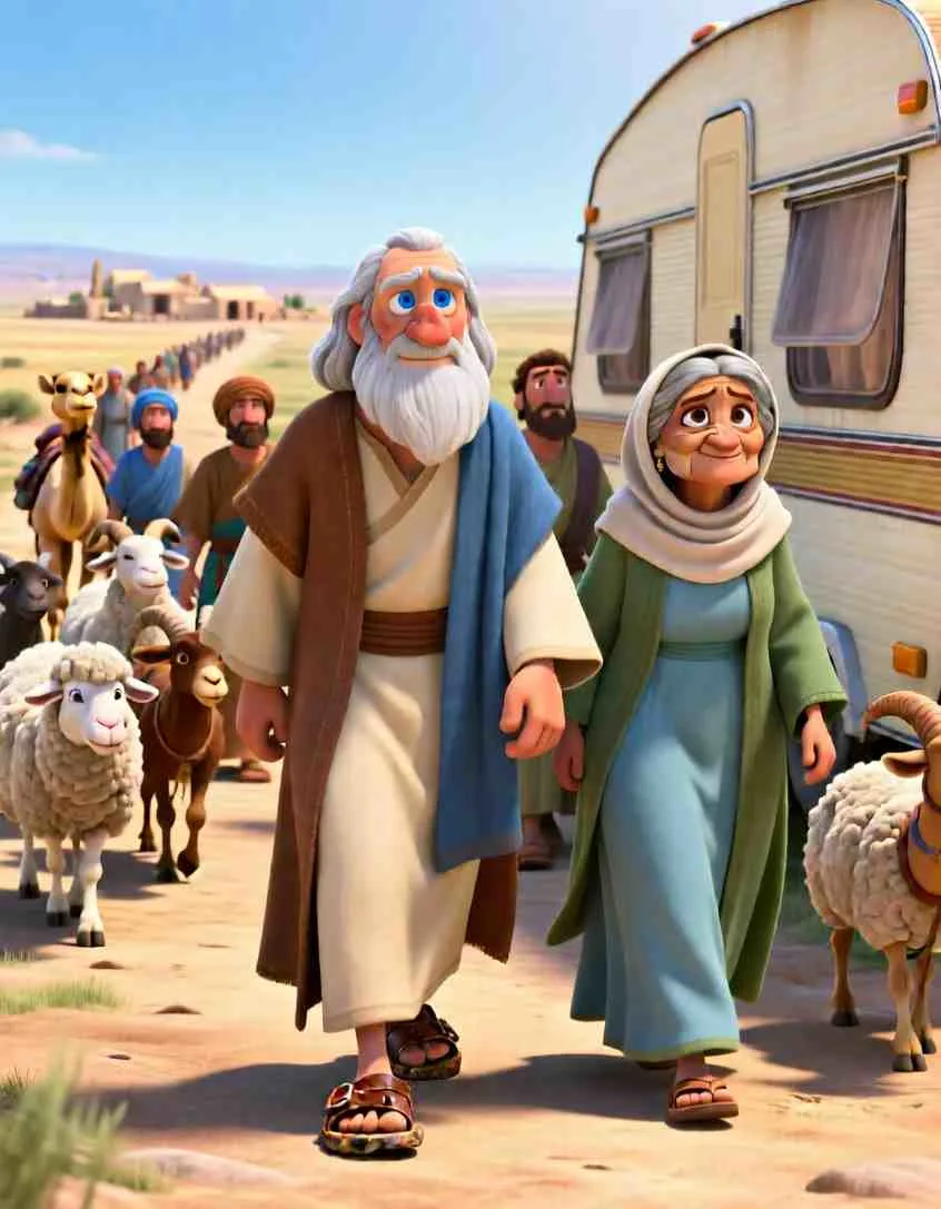3D cartoon illustration of a large caravan of people and animals traveling through a sunlit desert landscape.