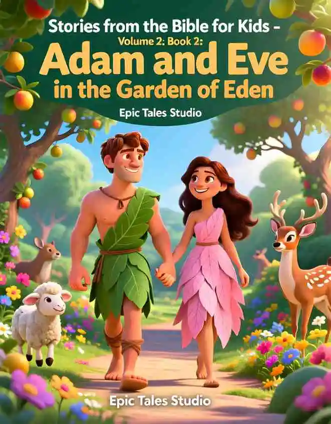3D cartoon style illustration of Adam and Eve in the lush green Garden of Eden with gentle cinematic lighting