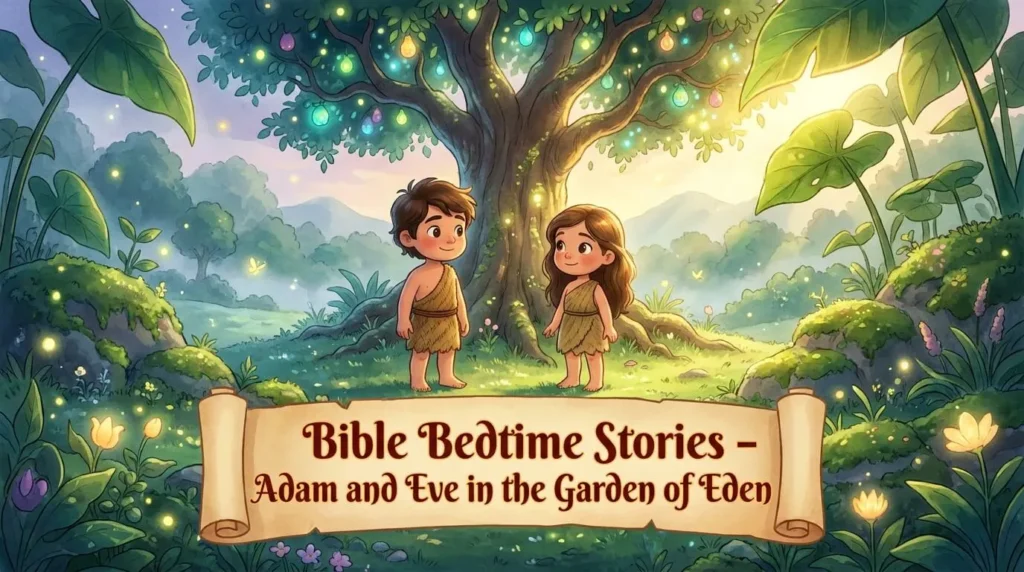 3D Pixar-style Adam and Eve in a lush, moonlit Garden of Eden.