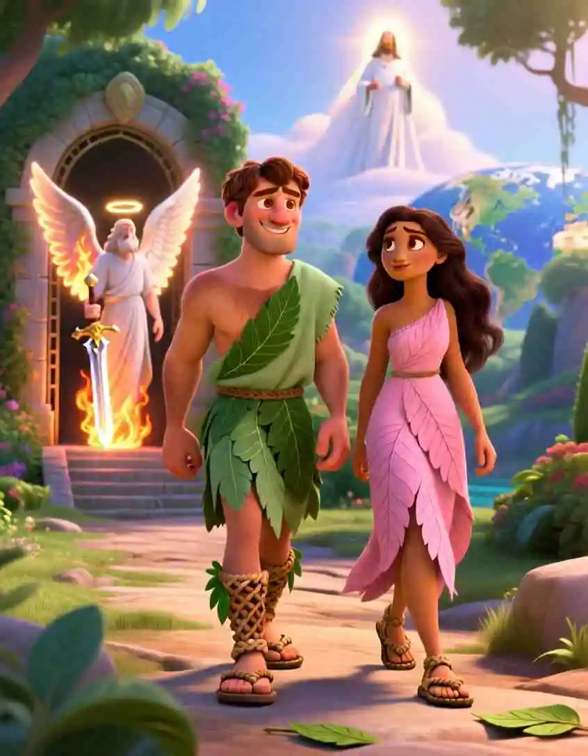 Adam and Eve in the Garden of Eden – Calm Bedtime Bible Story Heartwarming 3D illustration of Adam and Eve surrounded by the beauty of God's newly created world.