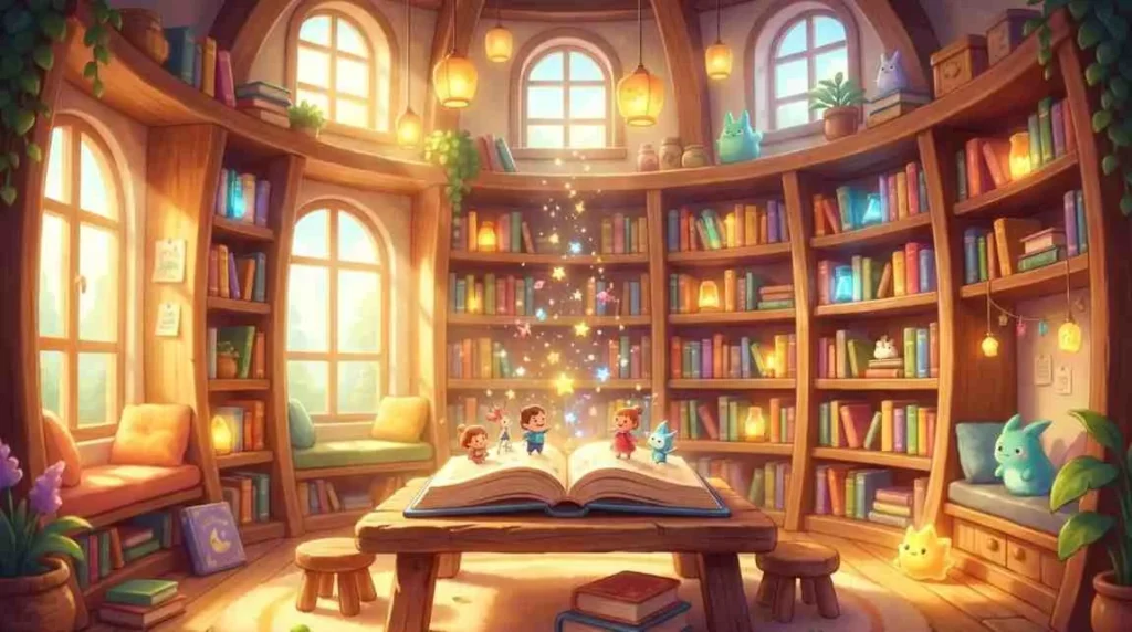 A heartwarming 16:9 3D illustration of a cozy, magical library with warm, Studio Ghibli lighting, representing our collection of over 136 published titles.