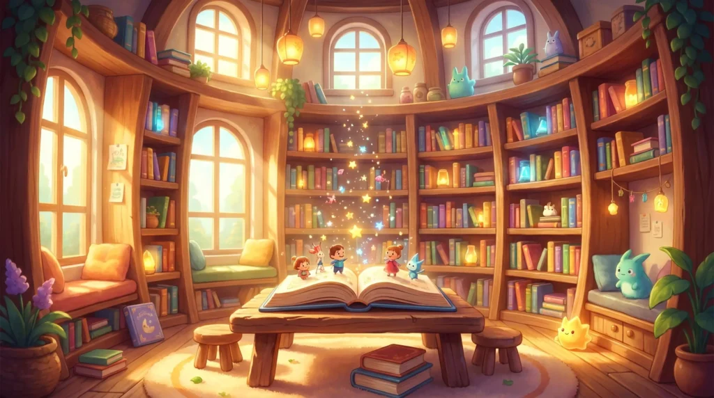 A heartwarming 16:9 3D illustration of a cozy, magical library with warm, Studio Ghibli lighting, representing our collection of over 136 published titles.