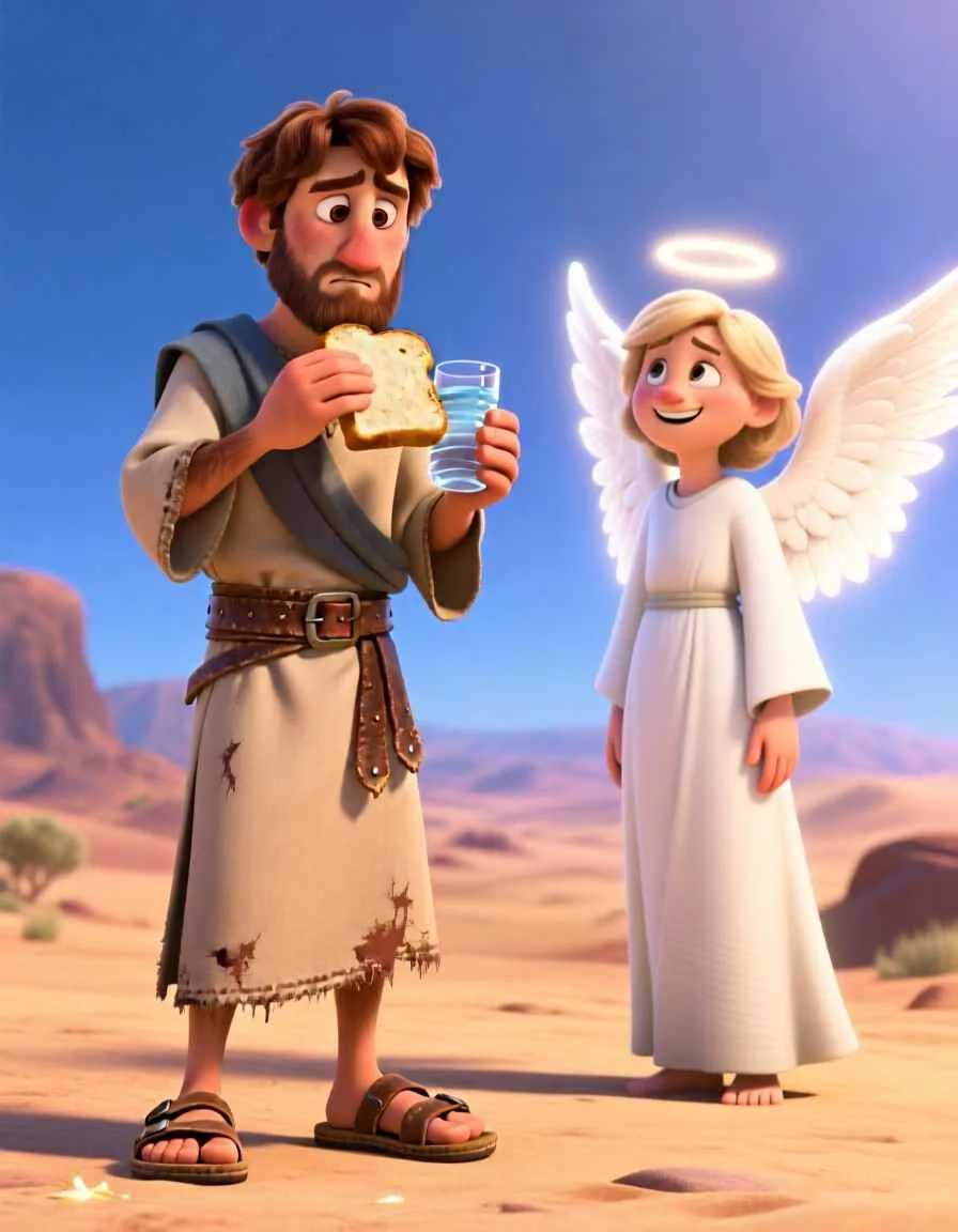 3D cartoon illustration of a glowing angel offering a jar of water and bread to a tired man under a desert tree.