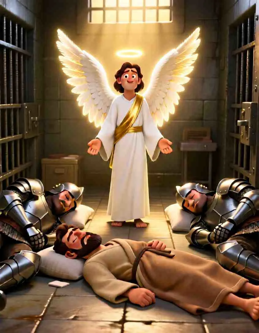 Cinematic 3D scene of a bright, glowing angel leading a surprised man past heavy iron gates.