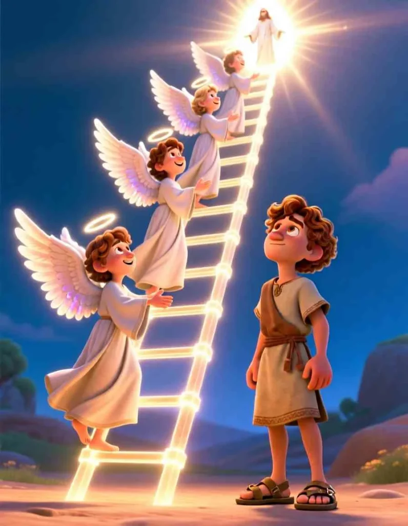 Jacob’s Dream of the Ladder – Calm Bedtime Bible Story Cinematic 3D scene of glowing angels moving between earth and a bright light in the starry sky.