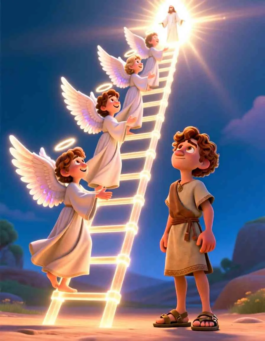 Cinematic 3D scene of glowing angels moving between earth and a bright light in the starry sky.