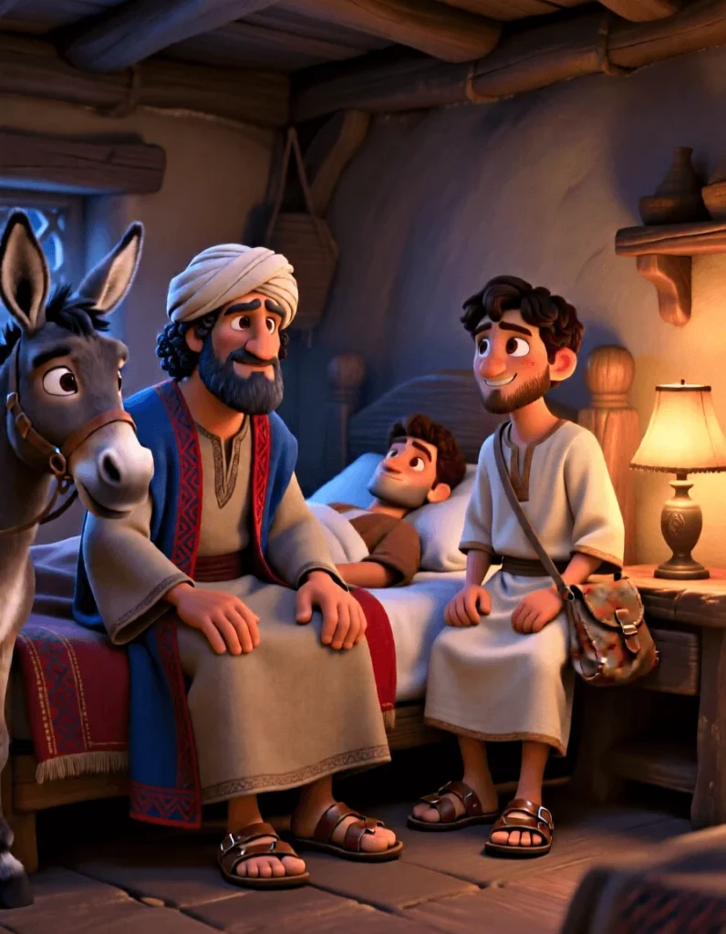 Heartwarming 3D illustration of the Samaritan bringing the injured traveler to a safe inn for rest.
