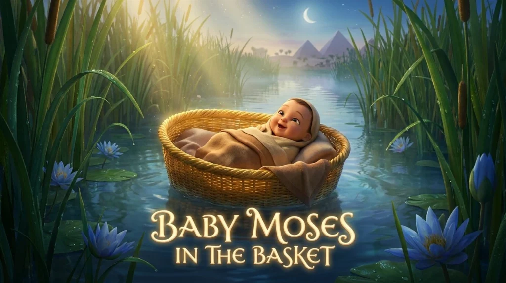 3D animated baby Moses floating in a basket on the Nile River among green reeds.