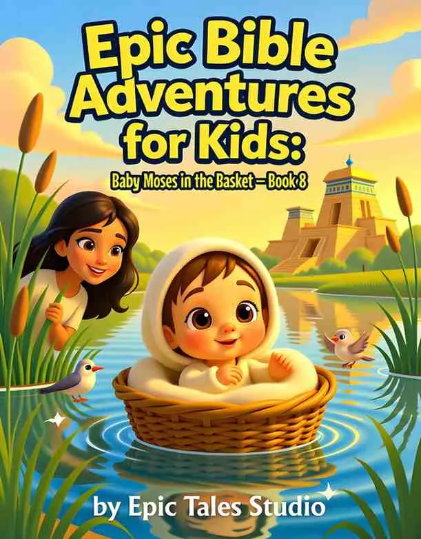 Front cover of Baby Moses children's book featuring cinematic 3D art of a basket on the Nile.