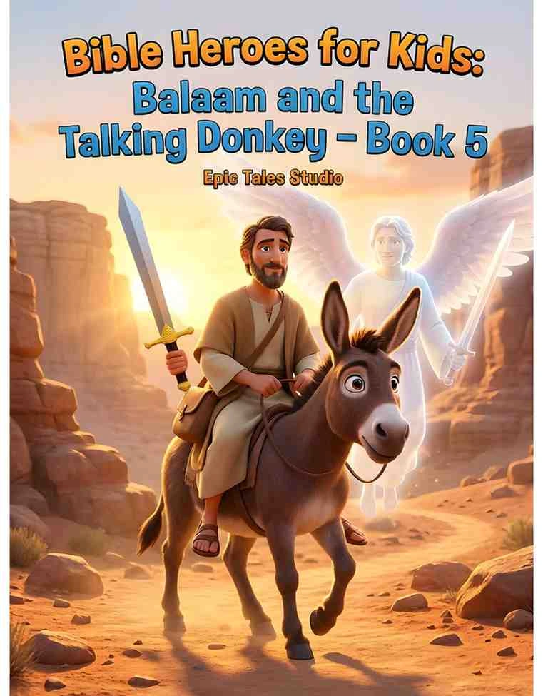 Front cover of the children's book featuring cinematic 3D art of Balaam and his donkey on a path.
