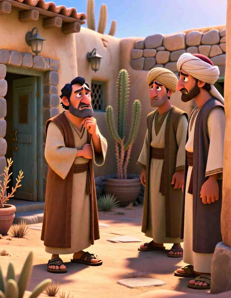 3D cartoon illustration of messengers in royal robes talking to a man outside a desert home.
