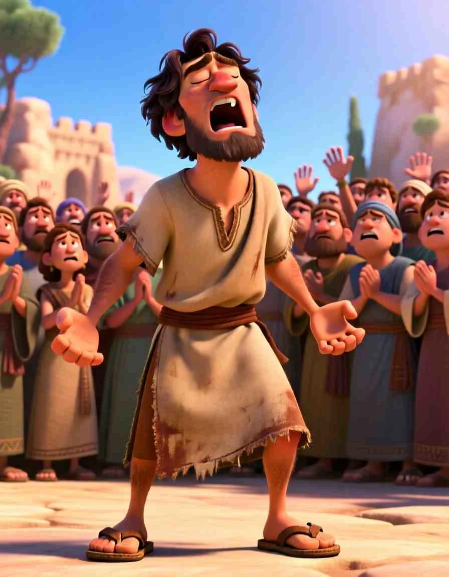Cinematic 3D scene of a man calling out with his hands raised while people in a crowd try to quiet him.