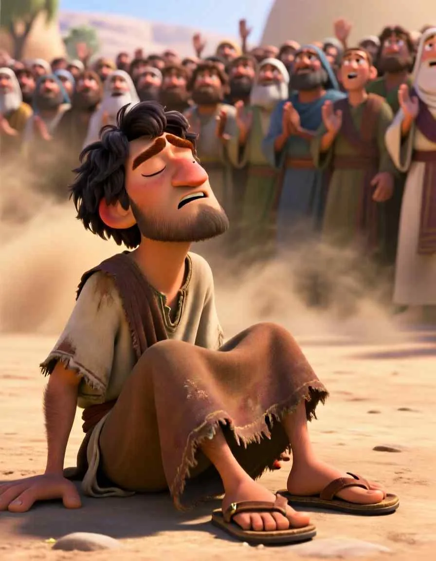 3D cartoon illustration of a man in a simple cloak sitting by a dusty road as a crowd passes by.